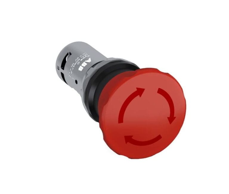 1SFA619550R1071, CE4T-10R-11 – PULSADOR DE EMERGENCIA COMPACTO ROJO TIPO HONGO, CABEZAL 40MM, DIAM. 22MM, 1NA+1NC, DESBLOQUEO POR GIRO