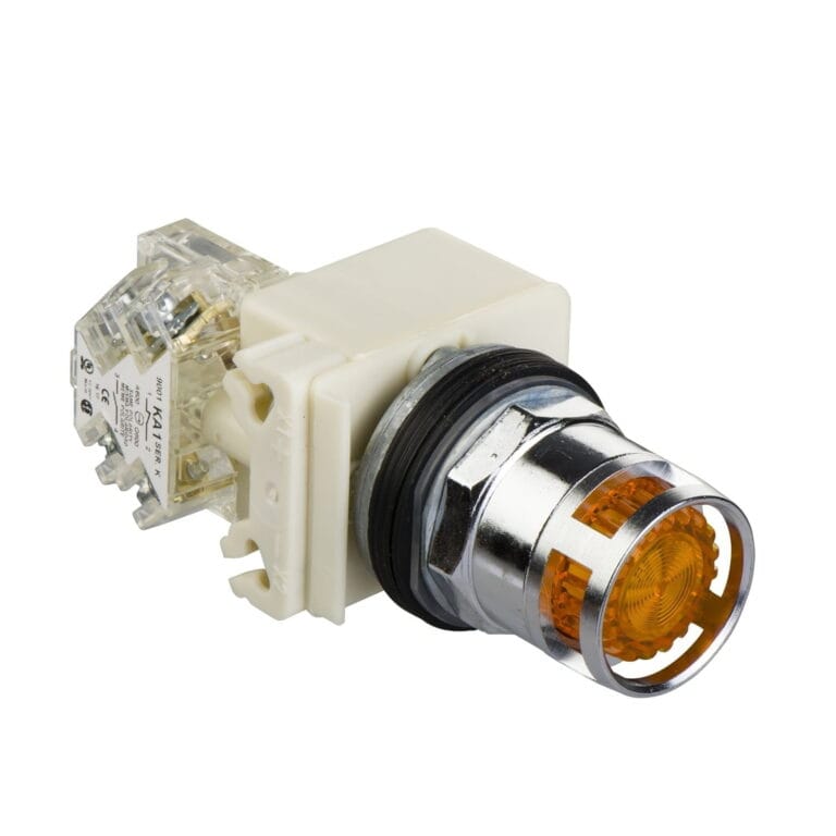 9001K3L38AH13, PULSADOR METALICO LUMINOSO RASANTE AMARILLO, 1NA+1NC, DIAM. 30MM, BULBO INCANDESCENTE 2.4W, 120VAC/DC