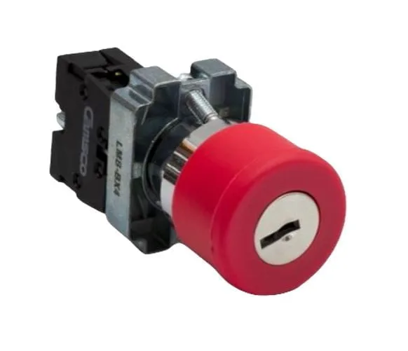 LMB-BX4, PULSADOR METALICO DE EMERGENCIA ROJO TIPO HONGO, CABEZAL 30MM, DIAM. 22MM, 1NC, C/ RETENCION-LLAVE