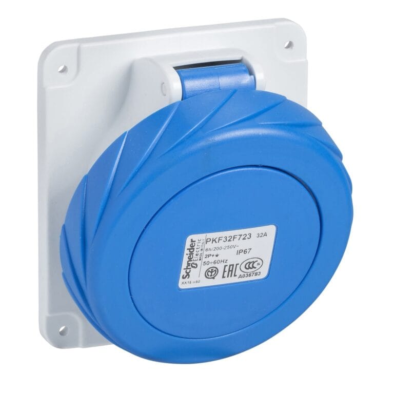 PKF16F723, TOMACORRIENTE INDUSTRIAL EMPOTRABLE 16A 2P+T 250VAC, COLOR AZUL, IP67