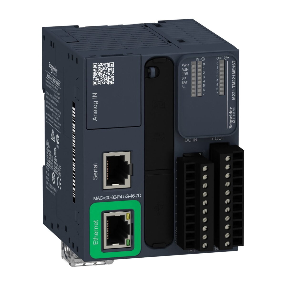 TM221ME16T, PLC MODICON M221, 8DI(PNP/NPN), 8DO(PNP), 2AI(0-10VDC), ETHERNET + SERIAL, 24VDC