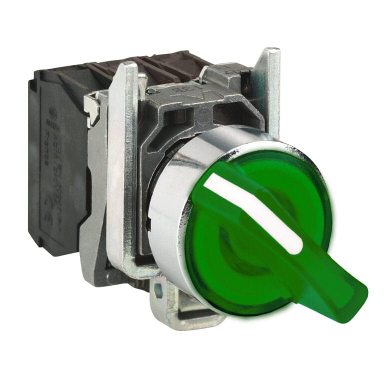 XB4BK123B5, SELECTOR METALICO LUMINOSO MANETA CORTA, 0-1, 2 POSICIONES FIJAS, 1NA+1NC, DIAM. 22MM, LED VERDE 24VAC/DC