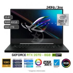 Laptop ASUS ROG Zephyrus M15 (GU502LW) Gaming, Core i7-10750H Hasta 5.0 GHz, RAM 40GB, SSD 1TB, Video 8GB NVIDIA RTX 2070, LED 15.6” Full HD a 240Hz, 100% sRGB, Windows 10 Home