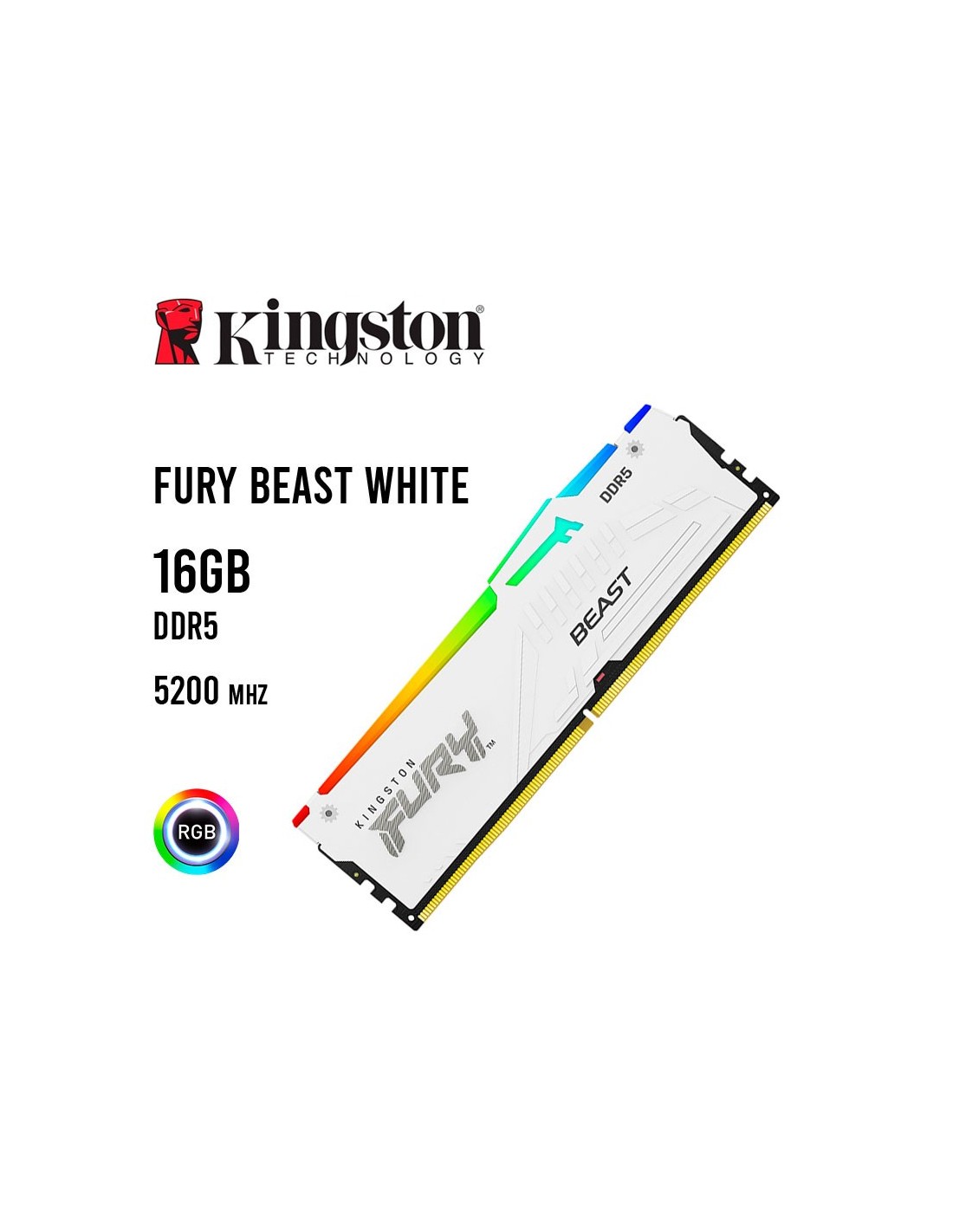 MEMORIA RAM KINGSTON 16GB/5200MHZ FURY BEAST WHITE ( KF552C40BWA-16 ) LED-RGB MEMORIA RAM KINGSTON 16GB/5200MHZ FURY BEAST WHITE ( KF552C40BWA-16 ) LED-RGB