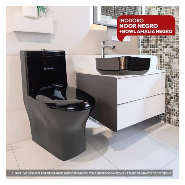 COMBO DE INODORO ONE PIECE NOOR NEGRO + BOWL AMALIA BLACK + DESAGUE POP UP COLA NEGRO