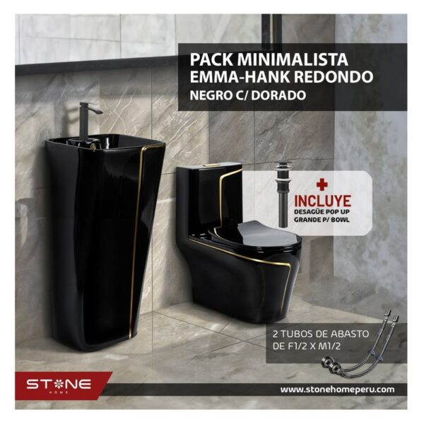 COMBO INODORO MINIMALISTA HANK REDONDO NEGRO C DORADO + LAVAMANOS EMA