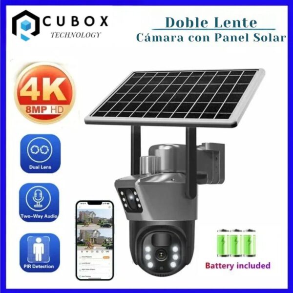 Cámara Seguridad IP con Panel Solar 4K de 8 MP doble lente, WiFi, inalámbrica