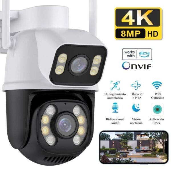 Camara de Seguridad WIFI PTZ Doble Lente 4k 360 Exterior Alarma