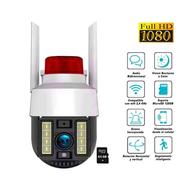 Cámara Seguridad Wifi PTZ Alta Resolución 360° Exterior Alarma +SD64GB