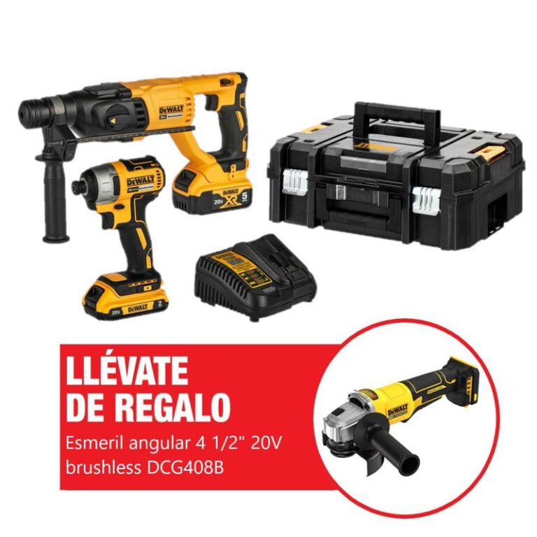 Kit rotomartillo SDS Plus 2.6J + atornillador de impacto 1/4pulgadas 20V + 02 baterías 2AH 5AH + caja de herramientas DCK260D1P1T + Regalo : esmeril angular 4 1/2pulgadas 20V brushless baretool DCG408B