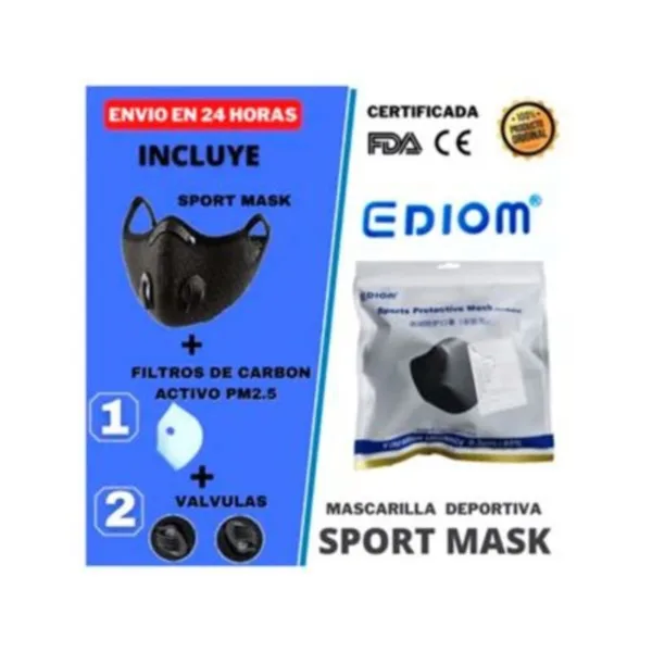 Mascarilla Deportiva KN95 + Filtro de Carbón PM2.5 + 2 Válvulas Negro
