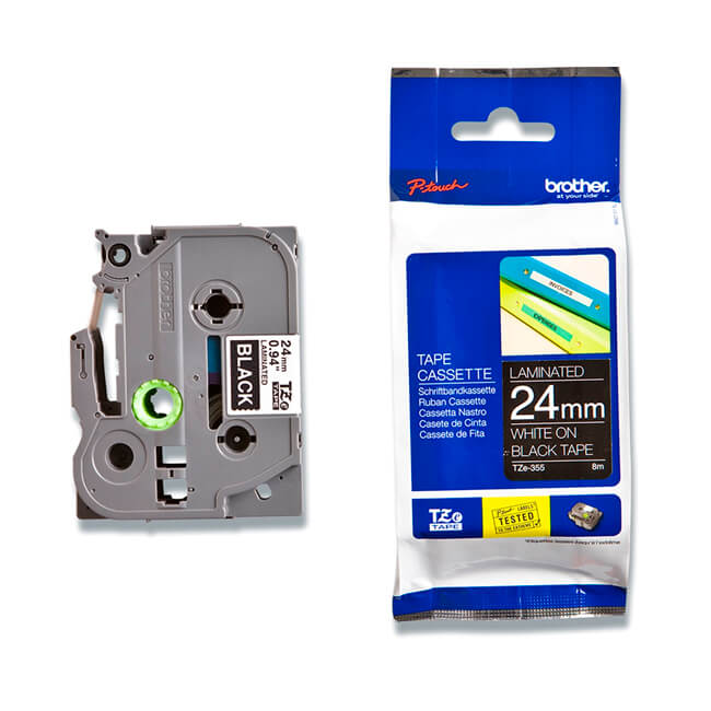 Cinta Brother TZE-355 Blanco sobre Negro 24mm (1″) x 8 mts