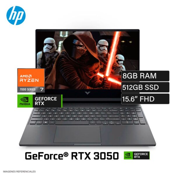 Laptop HP Victus 15-FB3019LA Ryzen 7 7445HS Ram 8GB Disco 512GB SSD Video NVIDIA RTX 3050 6GB 15.6″ FHD FreeDOS (BT4F6LA#ABM)