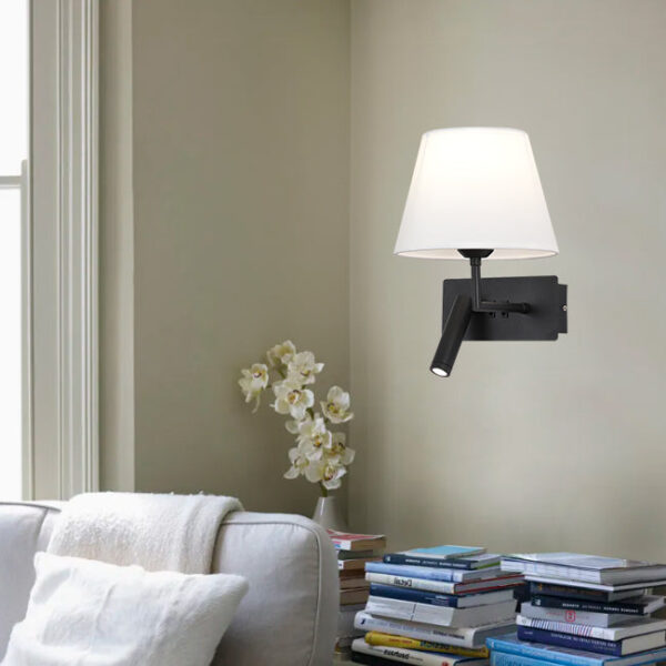 LÁMPARA DE PARED INTERIOR CHIARA E27 + LUZ CÁLIDA DE LECTURA LED 3W  + CARGADOR USB – TIPO C PARA IPHONE Y ANDROID + FOCO LED 12W LUZ CÁLIDA