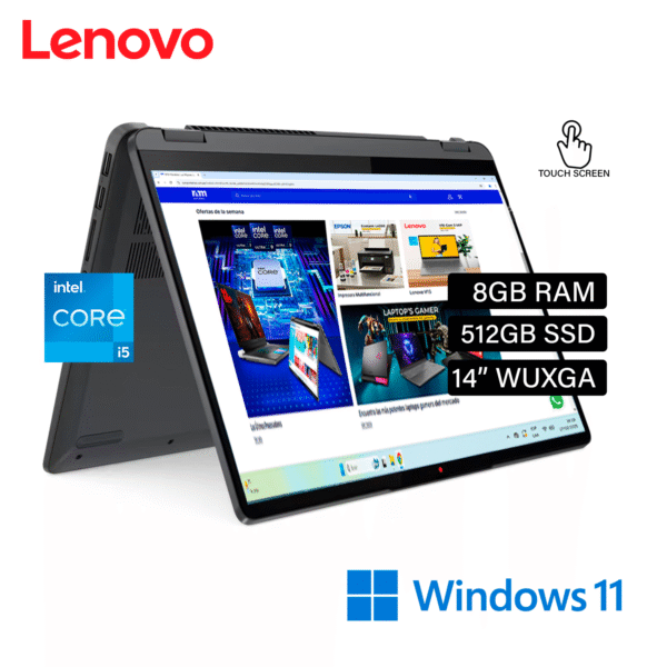 Laptop Lenovo Ideapad Flex 5 14IAU7 Intel Core i5 1235U RAM 8GB Disco 512GB SSD 14″ WUXGA Táctil W11 (82R700L5US)