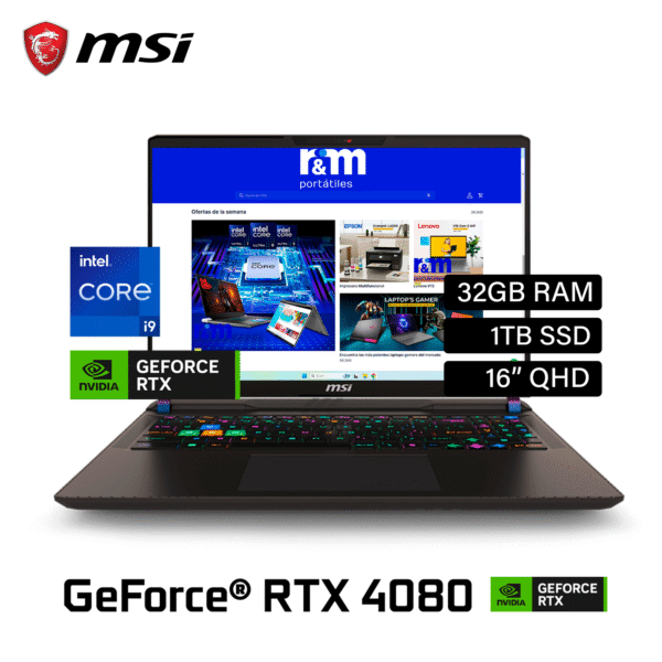 Laptop MSI Vector HX A14VHG-278US Intel Core i9 14900HX RAM 32GB Disco 1TB SSD Video Nvidia RTX 4080 12GB 16″ QHD Windows 11
