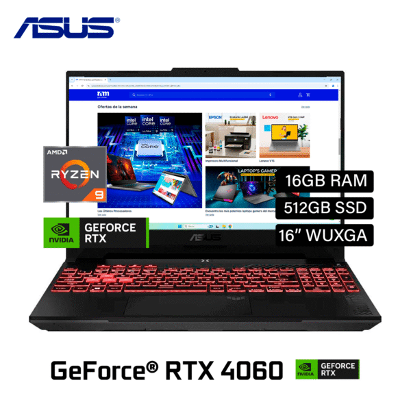Laptop Asus TUF A16 FA607PV-AS93 Ryzen 9 7940HX RAM 16GB Disco 512GB SSD Video RTX 4060 8GB 16″ WUXGA Windows 11