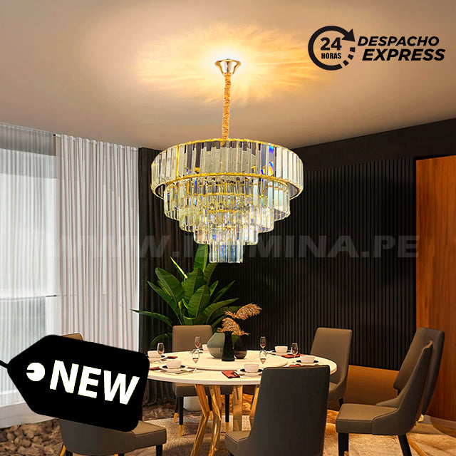 LÁMPARA COLGANTE LED ZAIRA KRYSTAL GOLD + FOCO VELA E14 FILAMENTO 4W TRANSP SIN COLA 2700K LUZ CÁLIDA ILUMINA