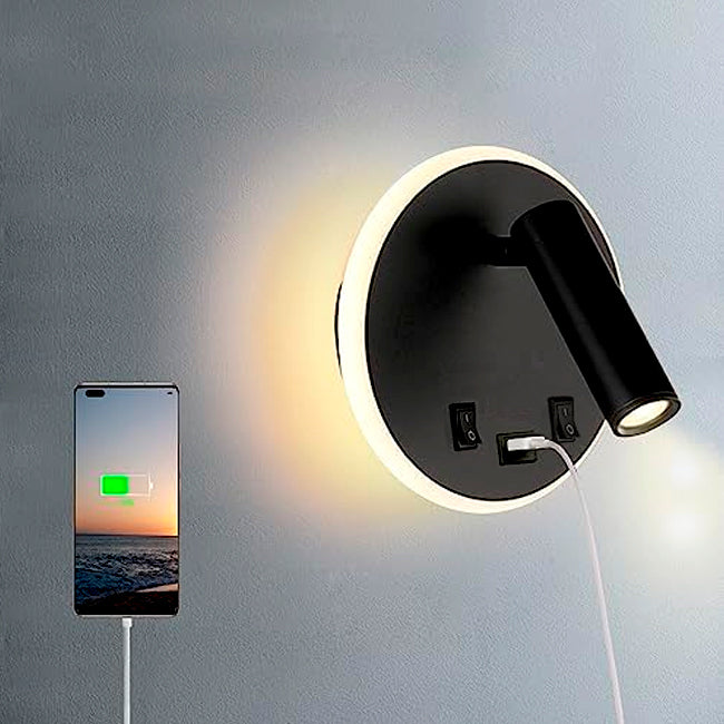 LÁMPARA DE PARED INTERIOR GAIA LED 7W +  LUZ CÁLIDA DE LECTURA LED 3W + CARGADOR USB – TIPO C PARA IPHONE Y ANDROID