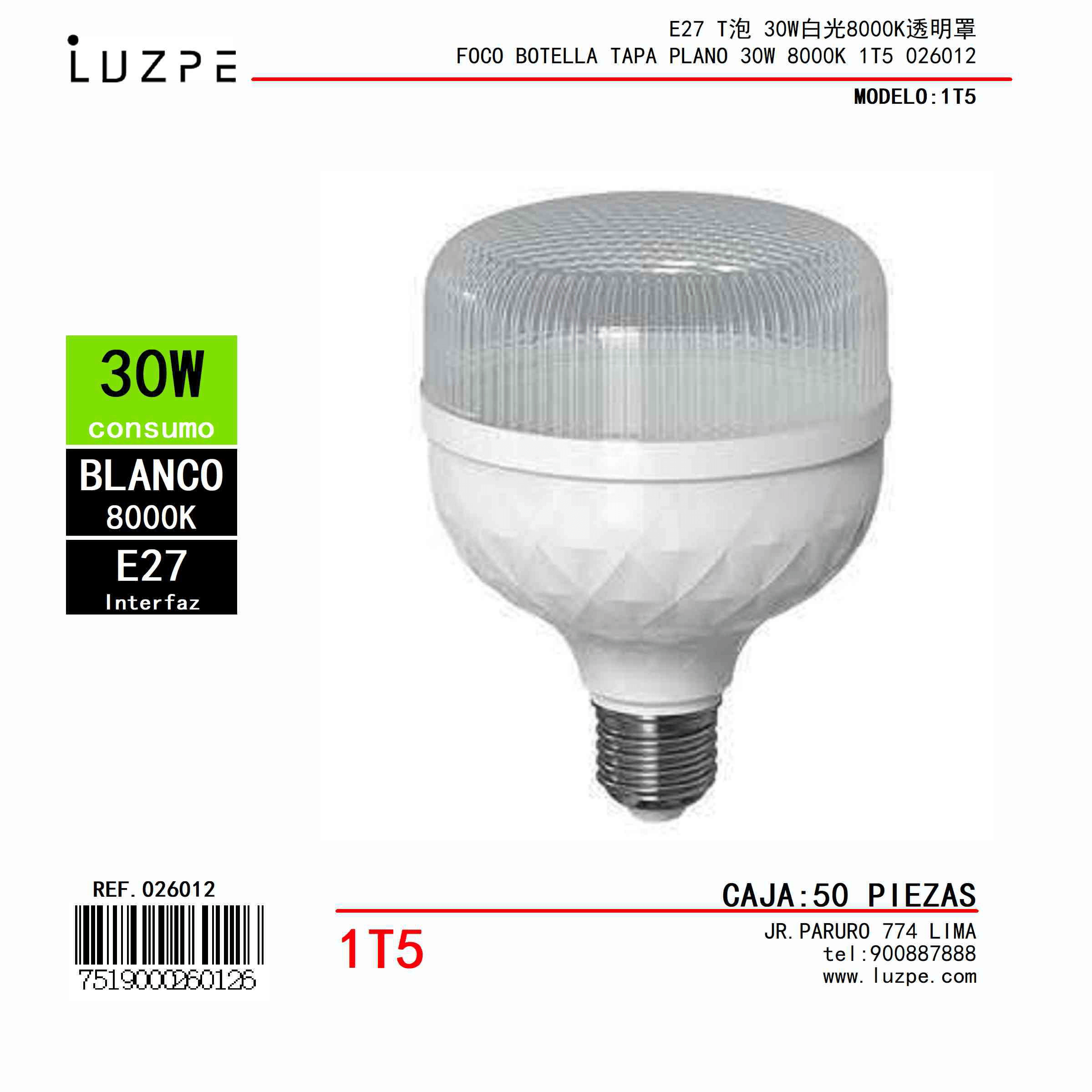 FOCO BOTELLA TAPA PLANO 30W 8000K 1T5 026012 FOCO BOTELLA TAPA PLANO 30W 8000K 1T5 026012