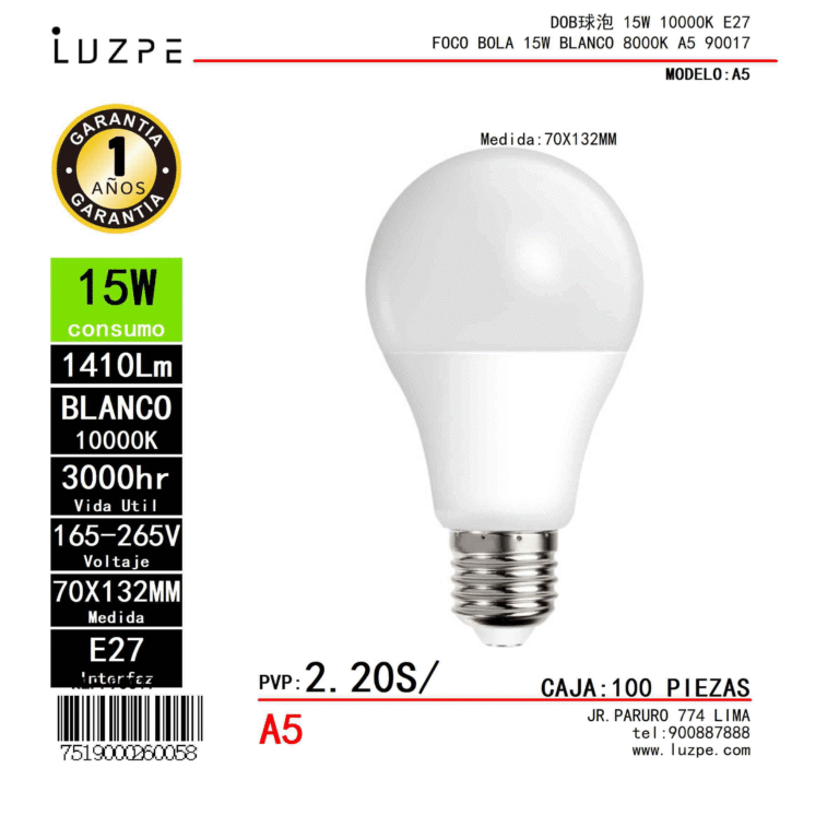 FOCO BOLA 15W BLANCO 8000K A5 90017