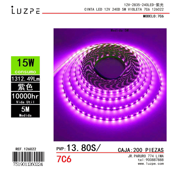 CINTA LED 12V 240D 5M VIOLETA 7C6