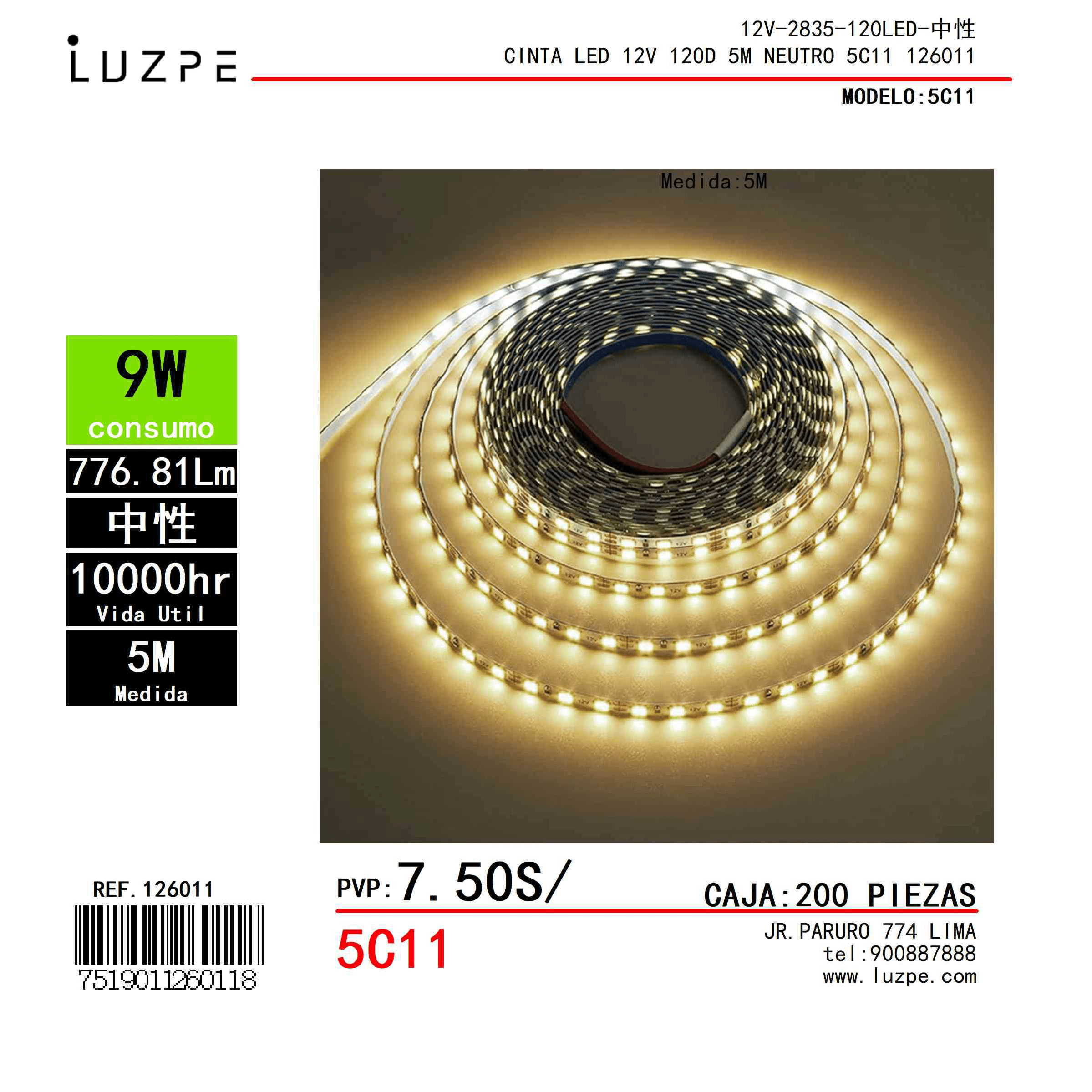 CINTA LED 12V 120D 5M NEUTRO 5C11 CINTA LED 12V 120D 5M NEUTRO 5C11