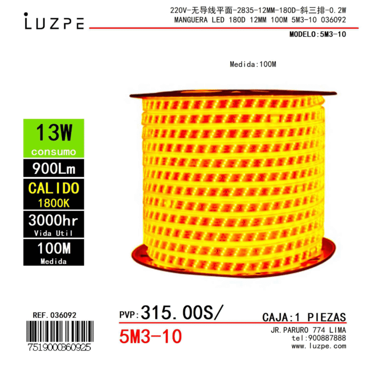 MANGUERA LED 180D 12MM 100M 5M3-10