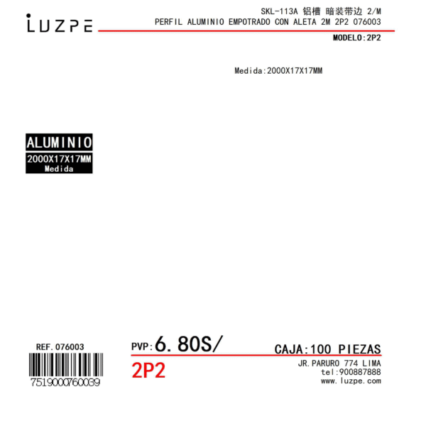 PERFIL ALUMINIO EMPOTRADO CON ALETA 2M