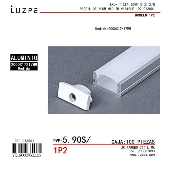 PERFIL DE ALUMINIO 2M VISIBLE