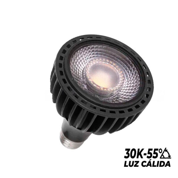 FOCO LED PAR30 20W 55° 3000K LUZ CÁLIDA E27 BASE COLOR NEGRO ILUMINA
