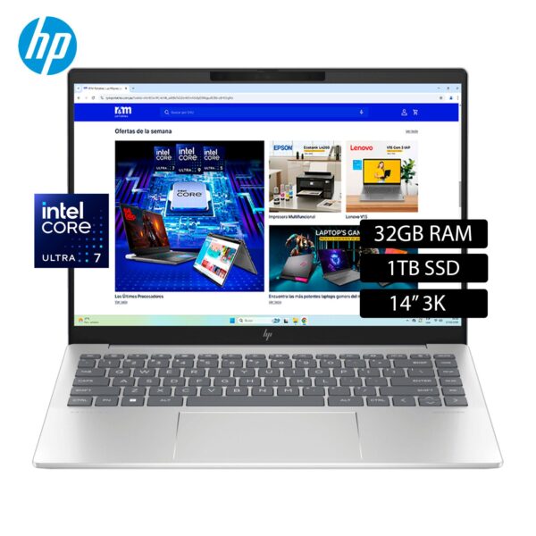 Laptop HP Pavilion Plus 14-EW1002LA Intel Core Ultra 7 155H Ram 32GB Disco 1TB SSD 14″ 3K Windows 11 (A6QL1LA#ABM)