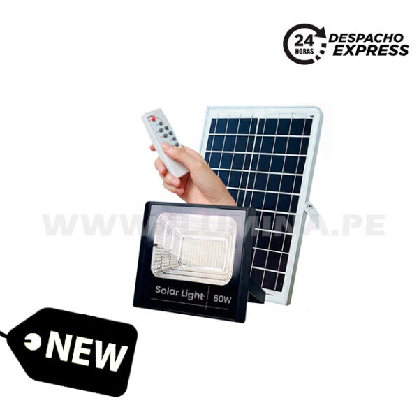 REFLECTOR LED 60W + PANEL SOLAR LUZ BLANCA 6500K + CONTROL REMOTO
