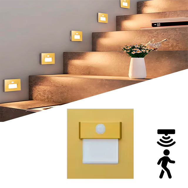SPOT LUZ GUÍA DE PASO INGRID ASIMÉTRICO LED 3W CUADRADO DORADO CON SENSOR DE MOVIMIENTO LUZ CÁLIDA