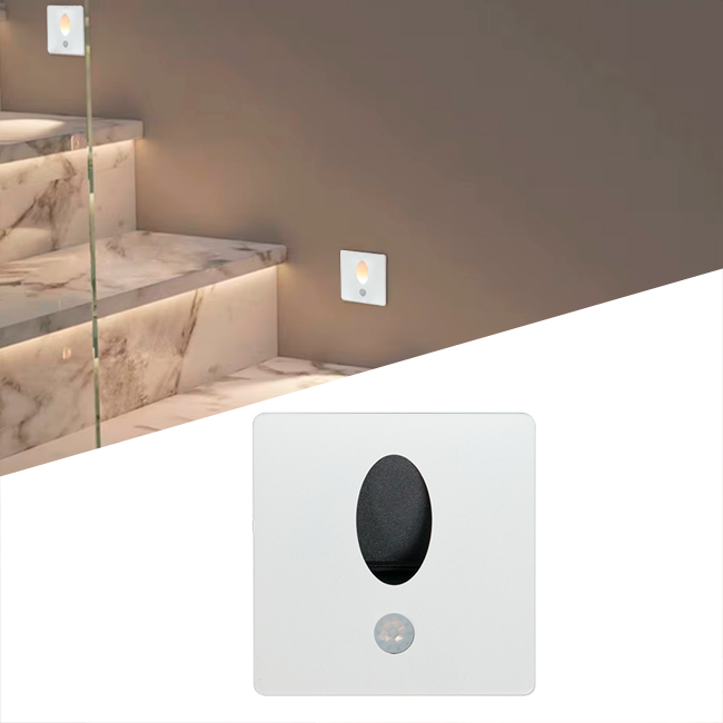 SPOT LUZ GUÍA DE PASO MARINA LED SIMÉTRICO 3W CUADRADO BLANCO CON SENSOR DE MOVIMIENTO LUZ CÁLIDA