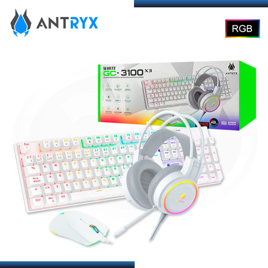 KIT ANTRYX GC3100 X3 WHITE RGB TECLADO SWITCH RED + AUDIFONO + MOUSE (PN:AGC-3100X3WRE-SP)