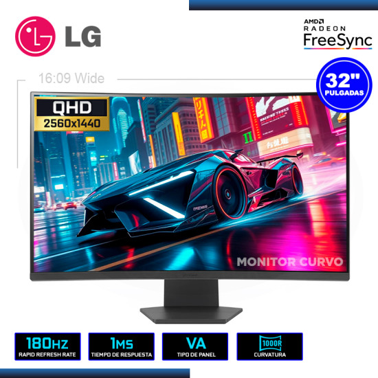 MONITOR LED 32″ LG 32GS60QC-B ULTRAGEAR CURVO 2560×1440 HDMI DP 1MS/180Hz/AMD FREESYNC