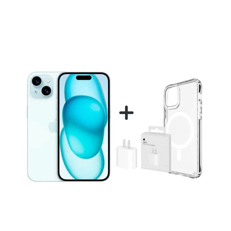 IPHONE 15 128GB CHIP FISICO AZUL + CARGADOR + CASE PROTECTOR