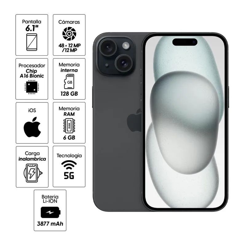 IPHONE 15 128GB NUEVO CHIP FISICO – COLOR NEGRO IPHONE 15 128GB NUEVO CHIP FISICO – COLOR NEGRO